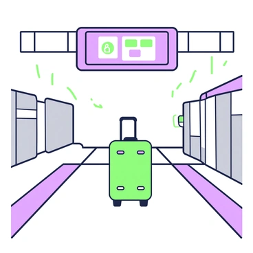An empty train station platform stretches into the distance, bordered by gray concrete walls and minimalistic design elements. The platform is devoid of people, emphasizing its quietness. In the center, there is a single, green suitcase, resting upright on its wheels. The suitcase features a small lock on the front and a handle extended upward, suggesting it was hastily left behind. Above the platform, a digital display board shows no train schedules, further contributing to the stillness of the scene. The sunlight casts soft shadows across the platform, accentuating the loneliness of the abandoned suitcase.