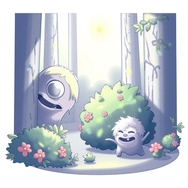Several cute monsters are hiding in a vibrant forest. One monster with large, round eyes peeks from behind a tree trunk, while another, smaller monster with fluffy fur crouches under a bush. Brightly colored flowers and lush green foliage surround them, and a playful atmosphere fills the scene as one monster counts with its eyes closed. Sunlight filters through the leaves, creating dappled patterns on the forest floor, where more hidden creatures could be lurking.