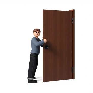 A person with short brown hair and wearing a blue shirt and dark jeans is pulling open a heavy wooden door. The door has a rich, dark brown finish with visible wood grain and ornate black metal handles. The person's face shows determination as they grip the handle firmly, showcasing the force being applied. The door is partially open, emphasizing the effort being exerted to move it. Light falls on the scene, creating highlights on the polished surface of the door and the person's hand.