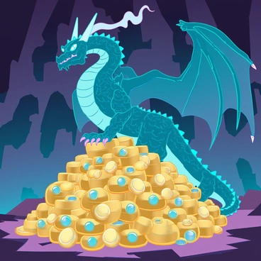 A fearsome dragon with shimmering emerald scales and large, menacing wings is perched atop a massive pile of gold coins and precious gems in a cavern. Its eyes glow intensely as it watches over the treasure with a fierce expression. The cavern walls are rugged and dark, reflecting glimmers of light from the jewels scattered throughout the hoard. The dragon's sharp claws dig into the treasures beneath it, creating a striking contrast between the smooth metal and the dragon's scaly texture. Smoke curls from its nostrils, adding a sense of danger to the atmosphere.