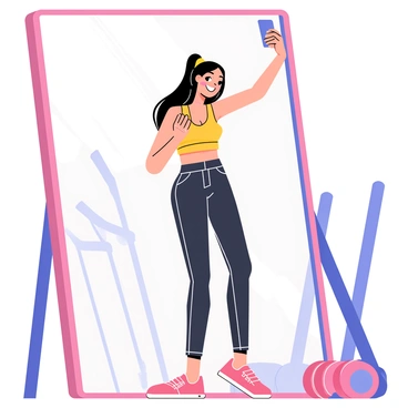 An anime girl with long, flowing hair stands in front of a large mirror at a gym. She is wearing fitted workout clothes, which include a sleeveless top and high-waisted leggings. Her expression is cheerful and confident as she holds her smartphone at arm's length, capturing the selfie. The background includes gym equipment like dumbbells and a treadmill. The lighting is bright, highlighting her energetic pose and the vibrant colors of her outfit.