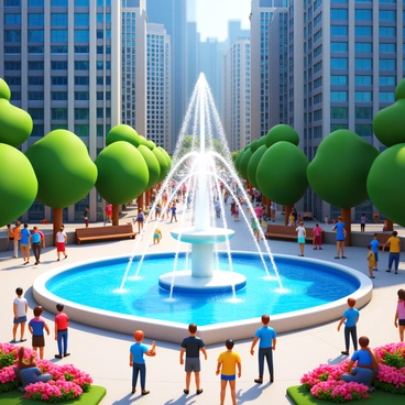 A bustling city square with a modern fountain featuring high shooting water jets