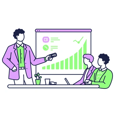 A startup founder is standing confidently in front of a group of investors in a conference room. The founder has curly hair and is dressed in a tailored blazer and a button-up shirt. In their right hand, they hold a remote control for a presentation slide. Behind them, there is a large screen displaying key points of their business plan, with bullet points and a graph illustrating projected growth. The investors are seated at a long table, observing intently, with notes and tablets in front of them. A glass of water is placed on the table next to a small potted plant.