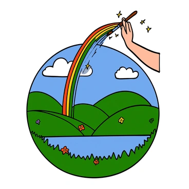 A magical paintbrush held by an unseen hand is painting a vivid rainbow in the sky. The brush is surrounded by sparkling, colorful paint droplets. Below, a tranquil landscape features a lush green meadow with wildflowers in various bright colors. There are gentle rolling hills in the background and a calm, reflective lake that mirrors the brilliant colors of the rainbow above. Fluffy white clouds drift lazily in the blue sky, completing the serene scene.