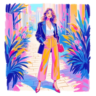 A fashion model is posing confidently outdoors, showcasing a chic outfit. She is wearing a tailored black blazer over a white blouse, paired with high-waisted wide-leg trousers that flow elegantly. Her hair is styled in loose waves that cascade over her shoulders. The model stands on a cobblestone path surrounded by lush greenery and colorful flowers. She is accessorized with statement earrings and a stylish handbag. The sunlight casts a warm glow on her, enhancing the vibrant colors of her outfit and the natural setting around her.