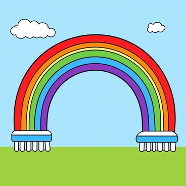 A vibrant rainbow arching across the sky, composed entirely of toothbrushes in various colors. Each toothbrush is distinctly visible, showcasing shades of red, blue, yellow, green, and purple. The bristles of the toothbrushes are arranged to create a flowing effect, mimicking the natural curve of a rainbow. Below the rainbow, a bright blue sky is visible, with a few fluffy white clouds scattered throughout. The ground features a lush green field, adding to the cheerful atmosphere of the scene.