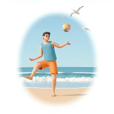 A lone individual, wearing a bright blue tank top and orange shorts, is practicing beach ball tricks on a sandy beach. The person is balancing on one leg while the other leg is kicked up in the air. The beach ball is colorful, with a mix of red, yellow, and blue panels, and is in motion, being juggled skillfully above their head. The ocean waves can be seen in the background, gently lapping at the shore, and a few seagulls are soaring above in the clear blue sky. The sun casts a warm glow over the scene, highlighting the individual's concentration and determination.