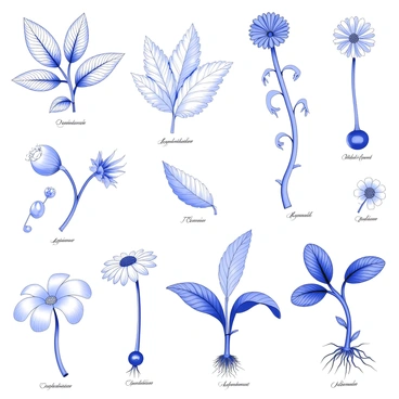 A detailed illustration of an educational botanical study featuring various plants. The image includes several plant specimens, each labeled with their scientific names. There are different types of leaves displayed, showcasing their shapes and textures. Flowers from each plant species are depicted, emphasizing their unique structures. Roots are also illustrated, revealing the intricate systems beneath the soil. The engraving style highlights the fine details of each plant, providing an accurate representation of their features. Each plant is presented on a separate section of the page, arranged neatly for clarity and study purposes.