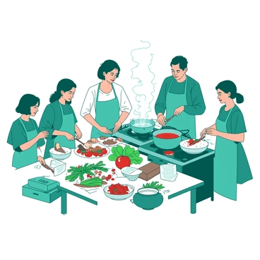 A teal cooking class is filled with diverse participants gathered around a large white table, actively preparing traditional Lebanese dishes. Fresh ingredients, including vibrant green herbs, ripe red tomatoes, and colorful spices, are displayed prominently on the table. Each participant is engaged in various cooking tasks, with one individual cutting vegetables while another mixes ingredients in a bowl. A large pot simmers gently on a nearby stove, emitting steam, as the rich aromas of the dishes begin to fill the air. Various cooking utensils and recipe cards are scattered across the table, enhancing the lively cooking atmosphere.