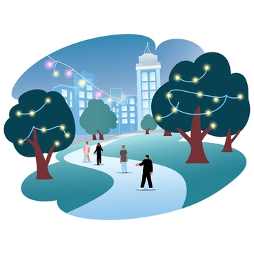 The BCU campus is vibrant at night, with the architectural buildings standing tall against a dark sky. Glowing string lights are draped across the pathways and trees, creating a warm ambiance. The lights twinkle softly, reflecting off nearby surfaces. A sense of tranquility fills the scene as shadows dance subtly across the well-kept lawns. The silhouettes of students can be seen walking leisurely, enjoying the illuminated surroundings. The overall atmosphere is inviting, as the lights guide the way through the campus.
