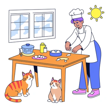 A detailed vintage kitchen featuring a wooden table with baking supplies neatly arranged on it. A baker is focused on kneading dough, wearing a white apron and a chef's hat. Nearby, a cute tabby cat with orange stripes is sitting on the floor, gazing up with wide eyes, observing the baker's actions. Sunlight streams through a window, illuminating the warm, inviting atmosphere of the kitchen.
