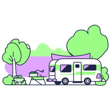 A caravan parked at a serene campsite by a lake with a car nearby