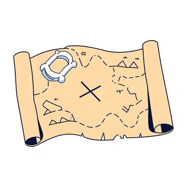 A scroll-style treasure map with a slightly tattered edge and a light brown color. The map features winding paths, dotted lines, and various illustrations such as mountains, trees, and a small river. In the center of the map is an 'X' marked prominently. Just above the 'X' is a detailed wishbone illustration, colored in white with a touch of shine to suggest a glossy surface. The entire map is oriented horizontally, with a simple compass rose in one corner.