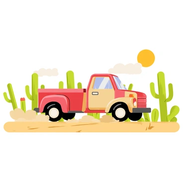 A junk truck with a rusted exterior is traveling along a dusty desert road. The road is surrounded by various cacti, some tall with arms reaching up and others short and round. The sky above is clear with a few fluffy clouds, and the sun casts a warm light over the scene. Dust is kicked up from the truck's tires, creating a slight haze in the air and emphasizing the dry, arid environment.