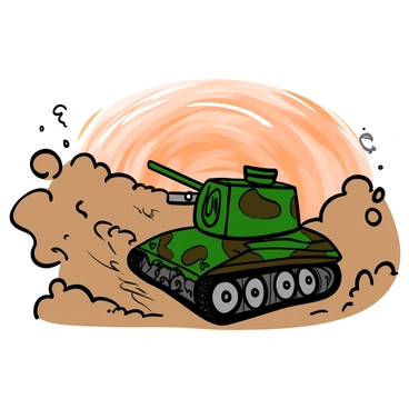 A military tank with a rugged, camouflaged exterior is moving through a thick blinding sandstorm. The tank is kicking up clouds of sand as it travels over uneven terrain. The visibility is severely limited, with swirling sand obscuring the view. The tank's turret is turned slightly, and its gun is positioned forward, ready for action. In the background, hints of sand dunes can be seen through the haze, while the sky is filled with a swirling mix of orange and brown tones from the sandstorm.