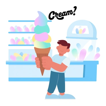 A boy is holding a large colorful ice cream cone with multiple scoops on top. The ice cream cone is covered in vibrant shades, showcasing flavors like strawberry pink, mint green, and lemon yellow. He is standing inside an ice cream parlor, which has a cheerful atmosphere. The walls of the parlor are decorated with pastel colors, and there is a large display of various ice cream flavors in the background. A playful banner that says "Ice Cream" is hanging above the counter, adding to the lively setting.