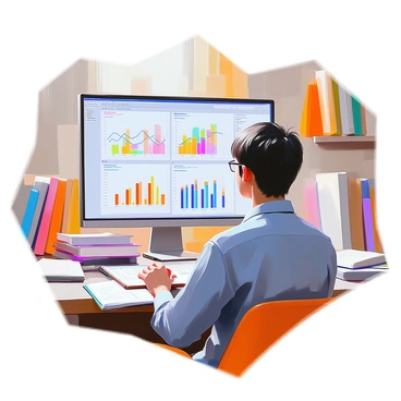 A statistician with short, dark hair and glasses is seated at a cluttered desk, intently examining various graphs and charts displayed on a large computer screen. The room is filled with books on statistics and research methods, creating a scholarly atmosphere. Papers with notes and calculations are scattered across the desk. The statistician is wearing a blue button-up shirt and has a focused expression as they make connections to a specific research question written on a notepad beside them. The computer screen displays colorful line graphs and bar charts, illustrating different data sets.