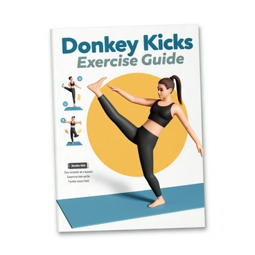 A fitness magazine cover featuring the title "Donkey Kicks Exercise Guide" in bold letters at the top. Below the title, a fit woman is performing a donkey kicks exercise on a blue yoga mat. She has long brown hair tied up in a ponytail and is wearing a black sports bra and matching leggings. Her expression is focused and determined as she raises one leg behind her, showcasing her strength and form. To the side, there are illustrations of different variations of the donkey kicks exercise, with small annotations highlighting tips for proper technique. The background is bright and vibrant, emphasizing a healthy and active lifestyle.