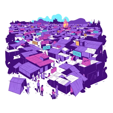 A sprawling shantytown constructed from various makeshift materials, including wood, metal, and plastic. The buildings are unevenly arranged, creating a labyrinth of narrow pathways and alleys. Bright neon signs hang from several structures, displaying words and symbols in vibrant colors. The scene is lively, with a mixture of people walking through the area, some carrying goods, while others are engaged in conversation. In the background, a few small fires flicker, providing warmth and light as dusk settles in.