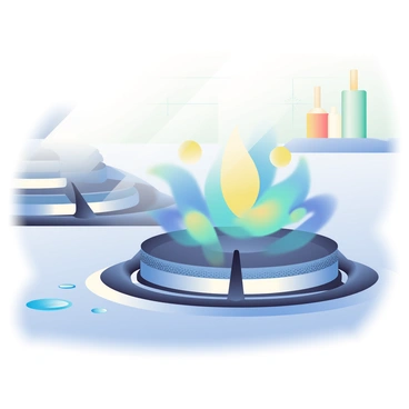 A bright blue natural gas flame is flickering on a stainless steel stovetop burner. The flame is vibrant, with shades of blue and hints of yellow at the base, casting a soft glow around it. The burner is round, with a textured metal surface and several small holes where the gas escapes. In the background, there are reflections of kitchen utensils on the shiny surface of the stovetop. A few drops of water can be seen nearby, adding a sense of freshness to the scene.