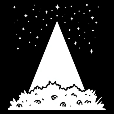 A starry night sky filled with numerous stars scattered across the dark background. A wide beam of light descends from above, illuminating a patch of ground below. The ground is textured with patches of grass and small rocks, reflecting the light in various patterns. The surrounding area is mostly in shadow, enhancing the contrast between the beam of light and the darkness of the night.