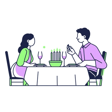 A cozy dinner setting for two is prepared on a small wooden table. The table is adorned with a white tablecloth, and two place settings are arranged with elegant dinnerware. In the center, there is a cluster of candles, flickering gently and casting a warm glow. Two glasses of wine are positioned beside each plate, reflecting the candlelight. 

A couple sits across from each other, engaged in conversation. The woman has long hair styled in soft waves, and she wears a flowing dress. The man has short hair and a casual button-up shirt. They are smiling at each other, and their body language suggests a strong connection. The ambiance of the room is intimate, with shadows dancing around them, enhancing the feeling of warmth and closeness.
