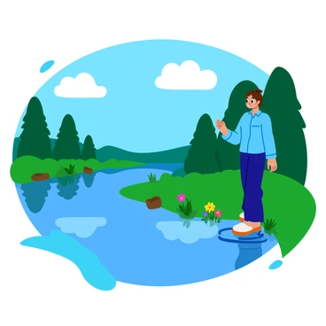 A person with short brown hair wearing a light blue shirt stands at the edge of a clear, calm lake. The individual is gently dipping their right toe into the water, creating small ripples that spread outward. The surrounding area features lush green grass and a few colorful wildflowers near the water's edge. In the background, tall trees frame the scene, their leaves reflecting in the surface of the lake. The sky above is bright blue with a few fluffy white clouds scattered throughout.