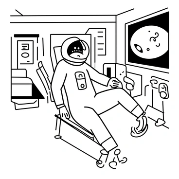 An astronaut is positioned on a leg curl machine aboard a space station. The astronaut is wearing a fitted space suit with various patches and a helmet that reflects the interior of the station. The leg curl machine is equipped with padded supports for the legs and a series of weights. Various exercise equipment is visible in the background, including a treadmill and resistance bands. The walls of the space station are lined with control panels and scientific instruments, and a window shows a view of distant stars and planets.
