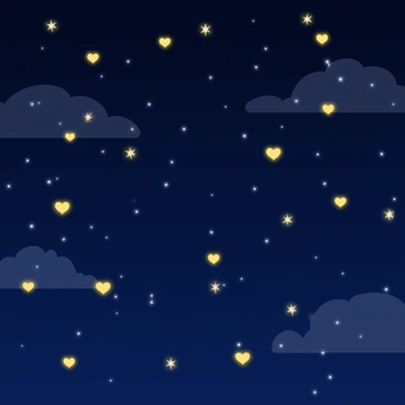 A night sky filled with deep blue and navy hues, scattered with numerous glowing heart-shaped stars in various sizes. Each heart-shaped star emits a soft, warm light, twinkling brightly against the dark backdrop. The stars are positioned randomly, creating a whimsical and enchanting pattern across the sky. A few clouds drift softly, allowing the stars to shine through, while the overall mood is playful and vibrant.