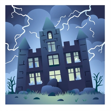A dilapidated castle with crumbling stone walls is set against a stormy night sky filled with dark clouds. Lightning flashes intermittently, briefly illuminating the castle's silhouette. In the windows, ghostly figures can be seen, with translucent forms hovering and gazing out into the night. The surrounding landscape features twisted trees with bare branches, swaying in the strong wind, and the ground is dotted with patches of tall grass and scattered rocks. The atmosphere is charged with tension, as the shadows dance in the flickering light from the lightning strikes.