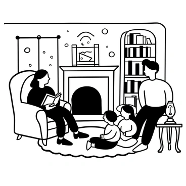A family gathered in a Victorian-era living room, listening to a sermon being read aloud