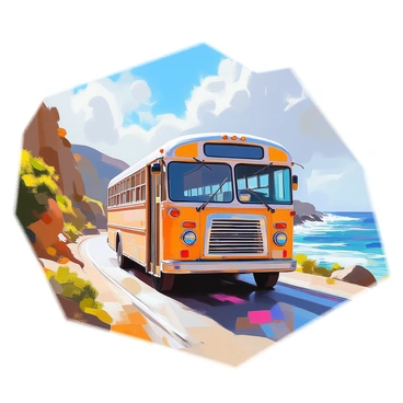 An old, weathered bus with a faded paint job is driving along a winding coastal road. The bus has rusty edges and vintage features, showcasing its age. Lush green cliffs rise on one side of the road, while on the other, the deep blue ocean sparkles under the sunlight. Waves crash against the rocky shoreline, creating white foam. In the background, a clear sky with a few fluffy clouds stretches overhead, enhancing the scenic coastal landscape. The bus appears to be slowly making its way, capturing the essence of a serene journey along the coast.