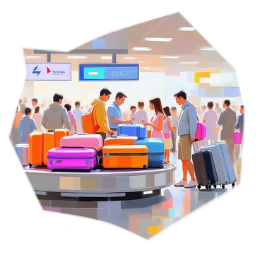 A bustling baggage claim area filled with travelers of various backgrounds eagerly waiting for their luggage. The scene features a long conveyor belt that is actively delivering bags. Numerous suitcases of different colors and designs are piled on the belt, while some bags are starting to arrive. Travelers, including a family with children, a businesswoman checking her watch, and a couple holding hands, are spread out across the area. Bright overhead lights illuminate the space, and airline signage is visible in the background, contributing to the lively atmosphere.