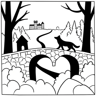 A wolf walking across an ancient stone bridge. The bridge features weathered stones and intricate carvings. In the background, tall, dark trees frame the scene, while a distant castle with turrets sits atop a hill. A winding path leads away from the bridge, disappearing into the lush, dense forest. A mist envelopes the lower part of the scene, adding a sense of depth and mystery to the medieval landscape.