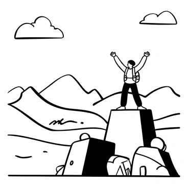 A lone hiker standing at the summit of a rugged cliff, with arms raised in a victorious pose. The hiker is wearing a backpack and sturdy hiking gear. Below, there is a vast landscape of rolling hills and valleys stretching into the distance, with jagged mountains visible on the horizon. The sky above is expansive, with a few scattered clouds. Rocks and boulders are scattered around the base of the cliff, enhancing the sense of height and adventure.