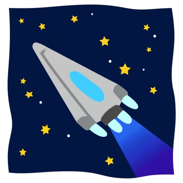 A sleek spaceship with a shiny metallic surface is traveling through a field of bright, twinkling stars. The spaceship features streamlined shapes and glowing blue engines emitting a soft light. Around it, countless stars of varying sizes and brightness fill the dark space, creating a sense of motion as the spaceship glides through. The background displays a deep navy blue, adding contrast to the radiant stars and the spaceship. The entire scene is designed to fit within a 10x15 illustration board.