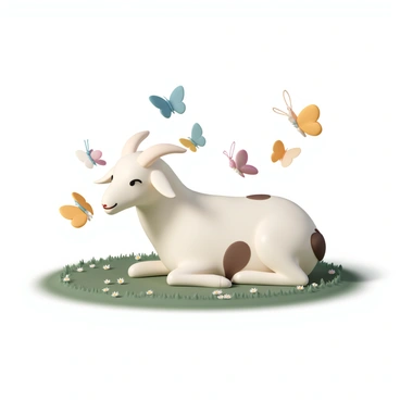 A goat, with white fur and brown patches, is lying down comfortably in a lush green field. The sun casts warm light over the scene, creating soft shadows on the ground. Around the goat, several colorful butterflies with vibrant wings are fluttering gracefully, some landing on the goat's back and others dancing in the air. The field is dotted with small wildflowers, adding splashes of color to the landscape. The goat appears relaxed, with its eyes half-closed, enjoying the serene environment.