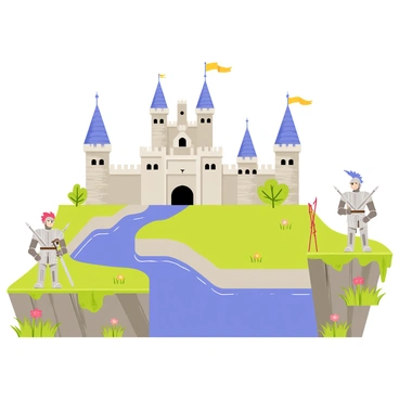 A grand medieval castle with tall stone towers and a large gatehouse stands prominently in the center of the scene. The castle features numerous battlements and flags waving from the turrets. Surrounding the castle is a wide, deep moat filled with blue water. On the banks of the moat, two armored knights in shining silver armor stand guard, their swords drawn. One knight has a red plume on his helmet, while the other has a blue one. Lush green grass and colorful flowers grow around the moat, adding vibrant detail to the landscape.