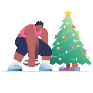 A person with dark skin and short curly hair is performing a dumbbell bent over row exercise. They are wearing a fitted red tank top and black leggings. The person is bent forward, holding a shiny silver dumbbell in their right hand, with their left hand resting on their knee for support. Nearby, a decorated Christmas tree is adorned with colorful ornaments, twinkling lights, and a gold star on top. The tree is set on a wooden floor, and there are wrapped presents in festive paper scattered around the base of the tree.