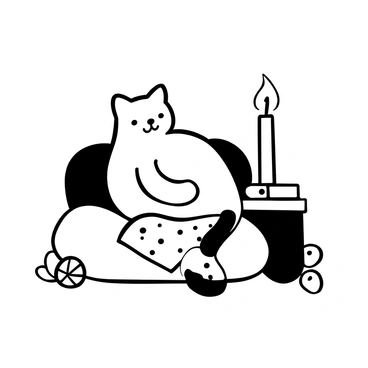 A cat curled up on a soft cushion, positioned close to a flickering candle on a small wooden table. The candle casts gentle shadows around the room and emits a subtle glow. The cat's body is relaxed, with its nose directed towards the warm light of the candle. There is a small stack of books beside the candle and a cozy blanket draped over the edge of the table. A few scattered yarn balls can be seen on the floor, adding to the cozy atmosphere.
