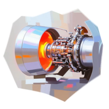 An airplane engine is prominently displayed, revealing intricate details of the heat exchanger within the jet propulsion system. The metallic surface of the engine glimmers under bright lights, showcasing various components, including pipes and cooling fins. The heat exchanger is highlighted, featuring a complex network of tubes designed for optimal heat transfer. The backdrop includes hints of the engine's casing and additional machinery, emphasizing the advanced engineering involved in modern aviation technology.