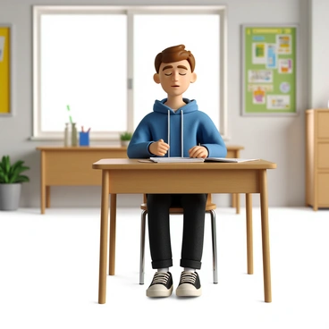 A student with light brown hair, wearing a blue hoodie and black jeans, is sitting at a wooden desk in a bright classroom. The student has a focused expression, with their eyes closed, as they take deep breaths. There are exam papers and a few pencils neatly arranged on the desk in front of them. A large window in the background lets in natural light, illuminating the room and creating a calm atmosphere. The walls are decorated with motivational posters, contributing to the environment.