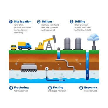 A detailed infographic showcasing the step-by-step process of hydraulic fracturing. The first section displays "site preparation" with construction vehicles and equipment on a drilling site. The second section illustrates "drilling" with a drilling rig penetrating the earth. The third section shows "water and chemical mixture injection" with large tanks and pipes connected to the well. The fourth section depicts "fracturing" with cracks spreading through the rock layers. The fifth section emphasizes "resource extraction" with oil and gas icons being extracted from the well. Each section is labeled with clear, bold text and accompanied by relevant visual elements to enhance understanding.