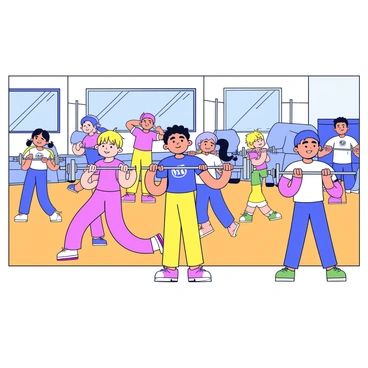 A school gym with students participating in a physical education class. Several students are engaged in barbell curls, standing with their feet shoulder-width apart. Each student holds a barbell with both hands, lifting it towards their shoulders. The gym has a wooden floor and wall-mounted mirrors reflecting the students' movements. In the background, there are exercise mats and various gym equipment neatly arranged along the walls. The students wear colorful athletic clothing, and they display focused expressions as they perform their exercises.
