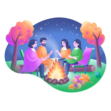 A cozy scene depicting a group of friends gathered around a flickering bonfire. The friends are sitting on logs and camping chairs, wrapped in warm blankets, and smiling as they share stories. The bonfire emits a soft orange glow, illuminating their faces. Surrounding the bonfire are piles of crunchy autumn leaves in shades of red, orange, and yellow. Trees with vibrant fall foliage frame the background, and a clear night sky sparkles with stars.