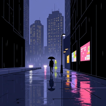 A city at night featuring dark, glistening streets with puddles reflecting the light. Tall buildings loom in the background, their windows illuminated by vibrant neon lights. The rain creates a misty atmosphere, adding to the dramatic scene. A lone figure holding an umbrella walks along the sidewalk, casting a shadow on the wet pavement. The glow from the neon signs creates colorful reflections in the water below.