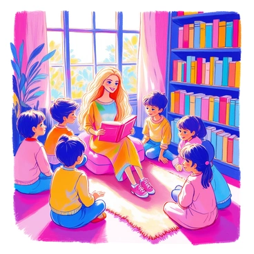A Barbie doll with long blonde hair is sitting in a cozy library, surrounded by a group of enthusiastic children. She is wearing a colorful dress, and she is holding an open book, reading aloud to the children. The library is filled with vibrant bookshelves, each crammed with colorful books of various sizes. Soft, warm lighting fills the room, and a plush rug is spread out on the floor where the children are seated. In the background, there are large windows allowing natural light to brighten the space.