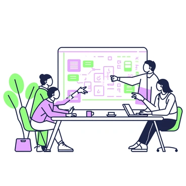 A strategic meeting is taking place in a well-lit conference room. At the center, there is a large whiteboard filled with organized ideas for a video content calendar. The whiteboard features neatly written bullet points, checkboxes, and arrows connecting various concepts. Around the table, several individuals are engaged in discussion, one person is pointing towards the whiteboard while another is taking notes on a notepad. On the table, there are laptops open, and cups of coffee are placed near each participant. A plant sits in the corner of the room, adding a touch of greenery to the environment.