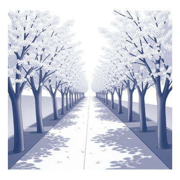 An alley surrounded by numerous cherry blossom trees. The trees are covered with clusters of blossoms, creating a curtain of delicate flowers. The walkway is paved and leads through the center of the alley, with petals scattered across the ground. Sunlight filters through the branches, casting intricate shadows on the path. The scene conveys a tranquil atmosphere, inviting anyone who walks through it to enjoy the beauty of the lush blooms.