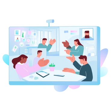 A group of illustrators is engaging in a video conference. Each illustrator is seen in their own unique home studio setting, showcasing various artistic tools and materials around them. One illustrator, located in a bright room with large windows, is surrounded by plants and colorful artwork hanging on the walls. Another illustrator is in a cozy space with wooden shelves filled with books and sketchpads. A third illustrator is in a minimalist studio with a clean desk and a digital drawing tablet. Each participant is animatedly gesturing while sharing ideas, with visible screens showing their illustrations. A digital interface displays their names and locations, creating a vibrant atmosphere of creativity and collaboration.
